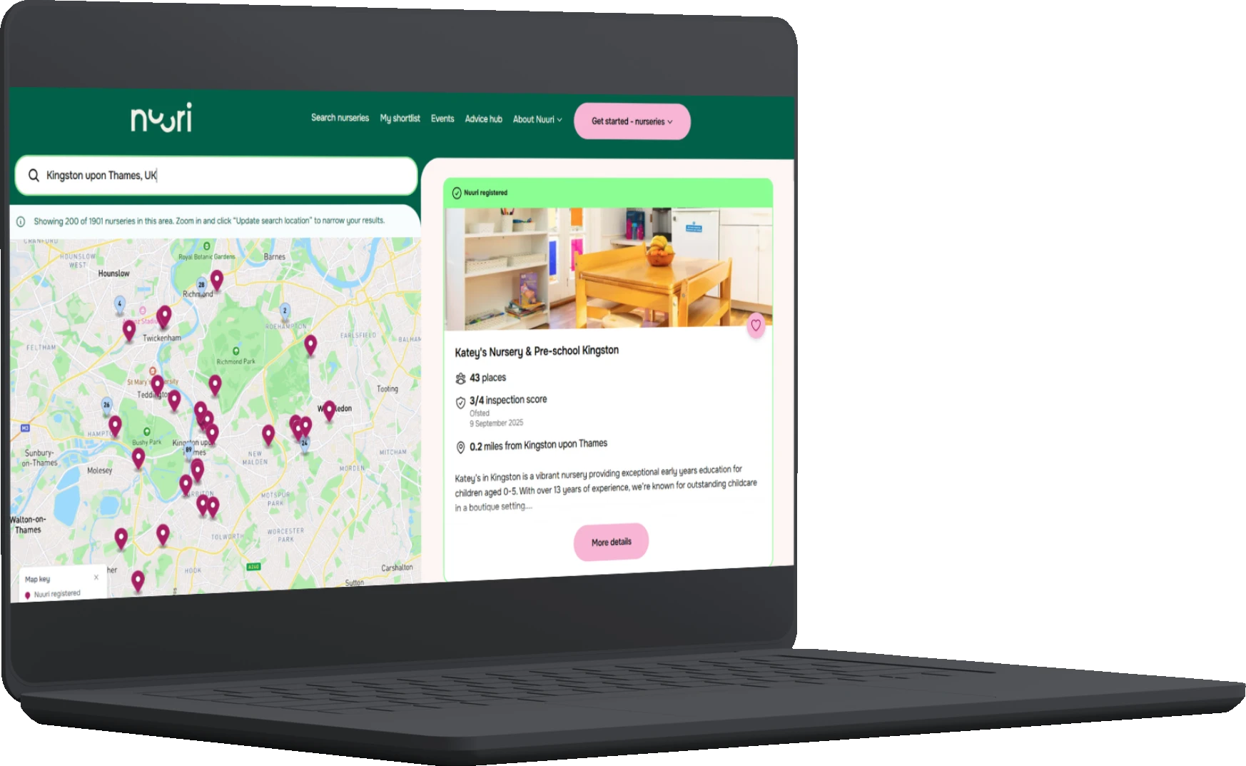 Nuuri nursery search showing a map of nurseries around Kingston upon Thames