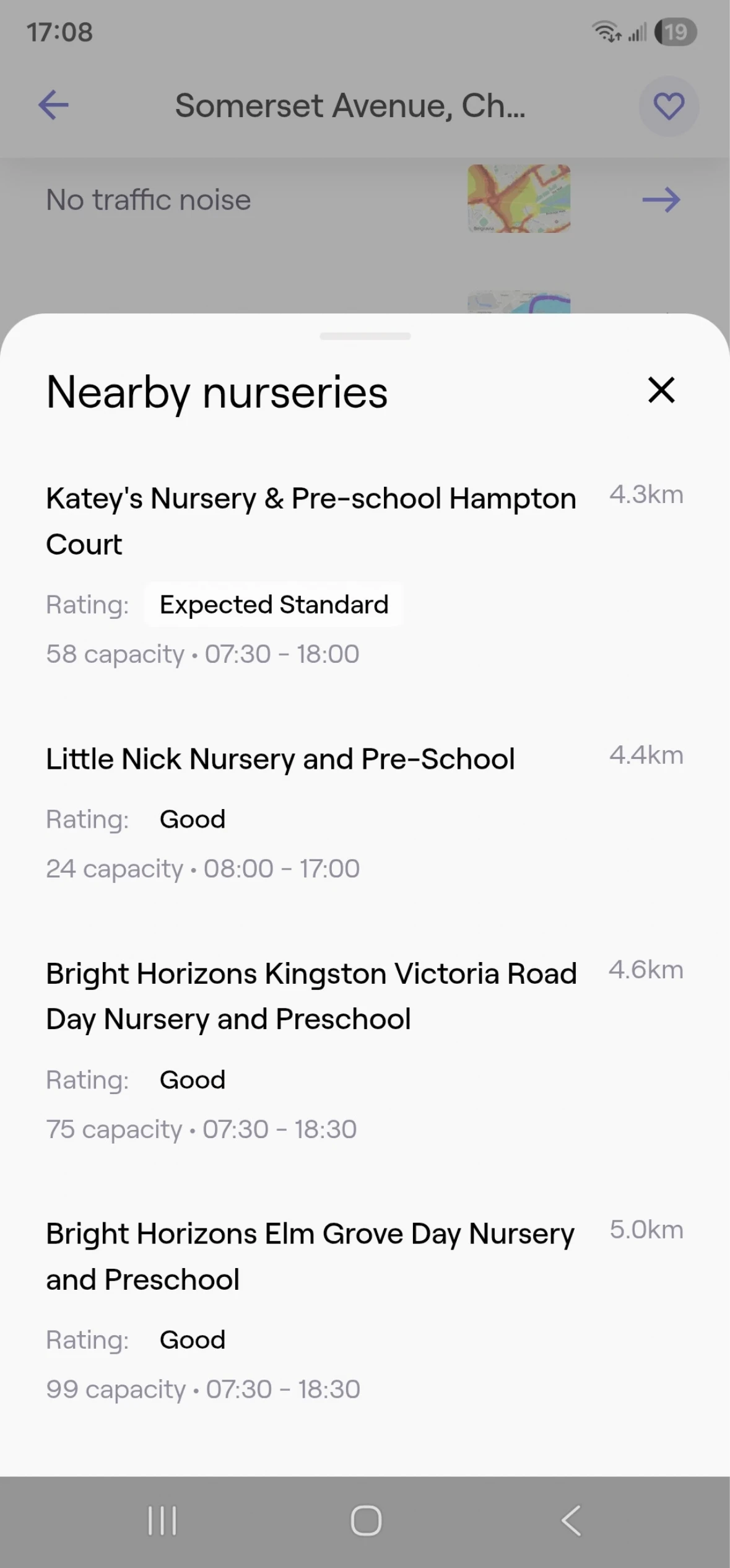 Nuuri nearby nurseries widget on a property listing, showing ratings, capacity and opening hours