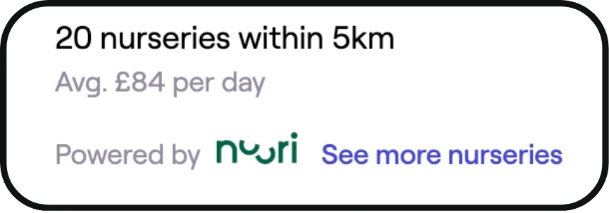 Nuuri summary widget: 20 nurseries within 5km, average £84 per day